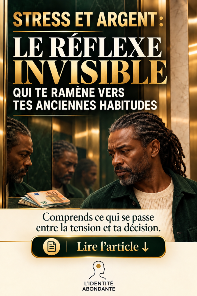 Homme noir mature aux cheveux tressés grisonnants, pensif devant plusieurs reflets de lui-même dans des miroirs, avec des billets de 50 euros au premier plan. L’affiche vert profond et dorée porte le titre « Stress et argent : le réflexe invisible qui te ramène vers tes anciennes habitudes » et invite à lire l’article sur les réactions financières liées au stress.