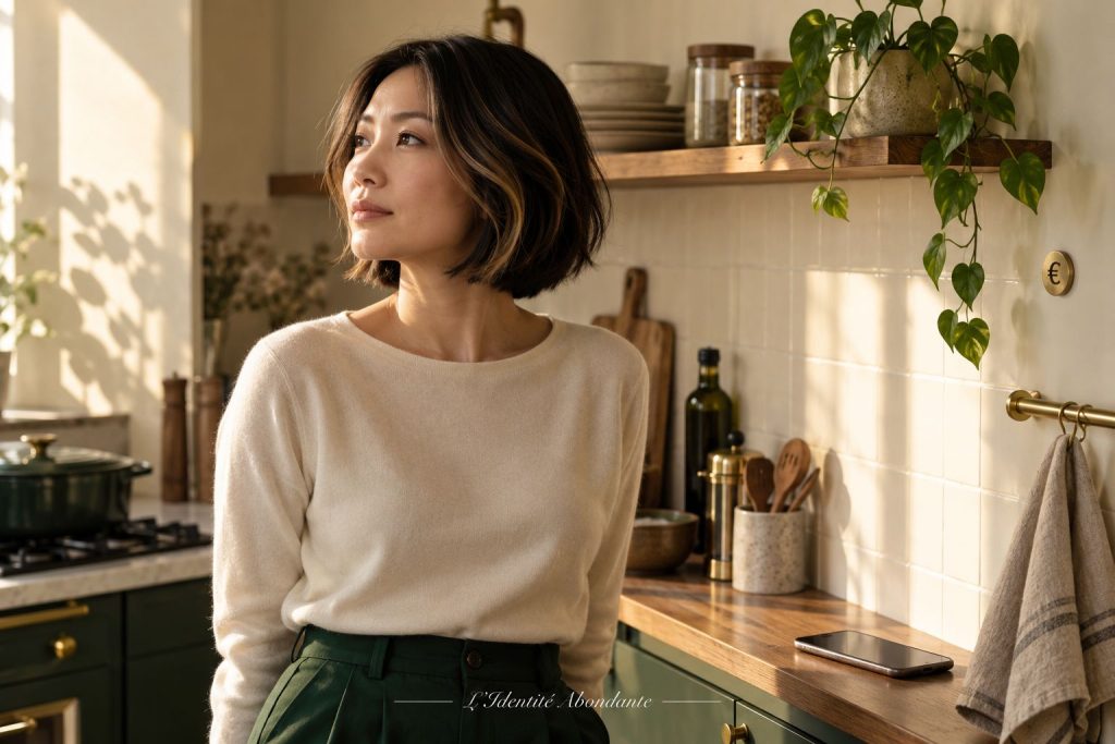 Femme dans une cuisine crème et verte au matin, regard tourné vers la lumière ; un téléphone repose sur une étagère.