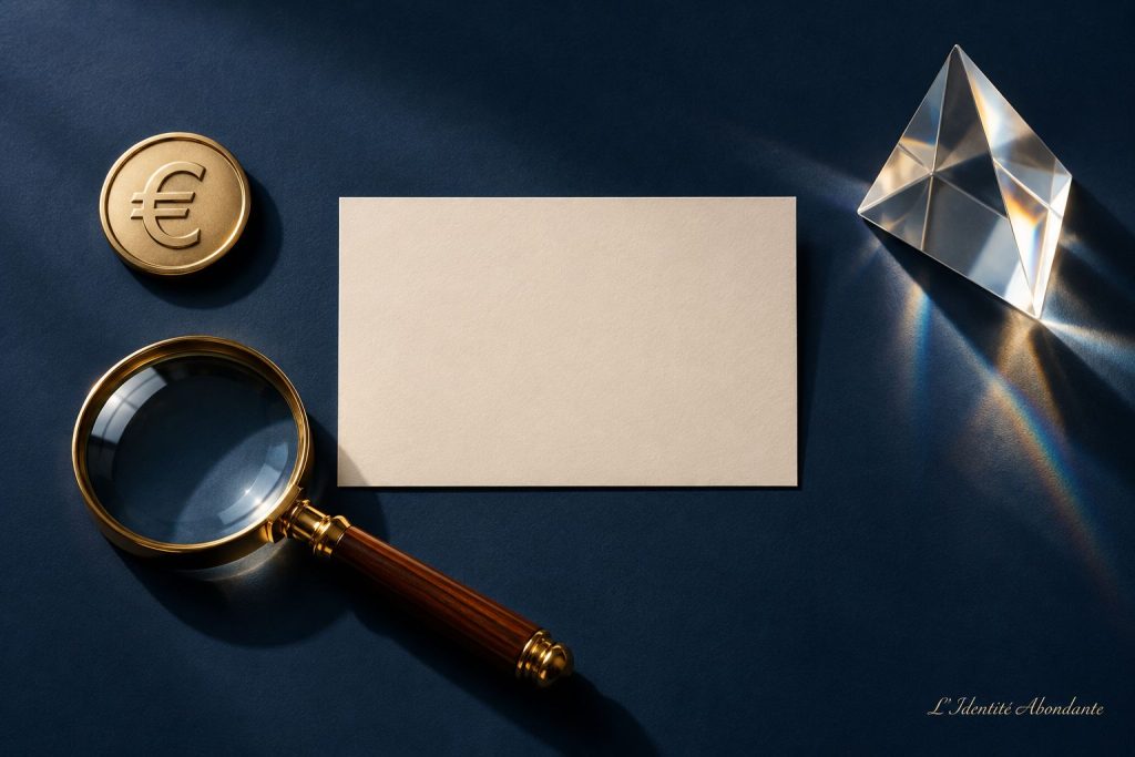 Loupe au-dessus d’une carte crème, près d’un médaillon portant un euro et d’un prisme ; composition illustrant le regard porté sur un signe et une information liée à l’argent.