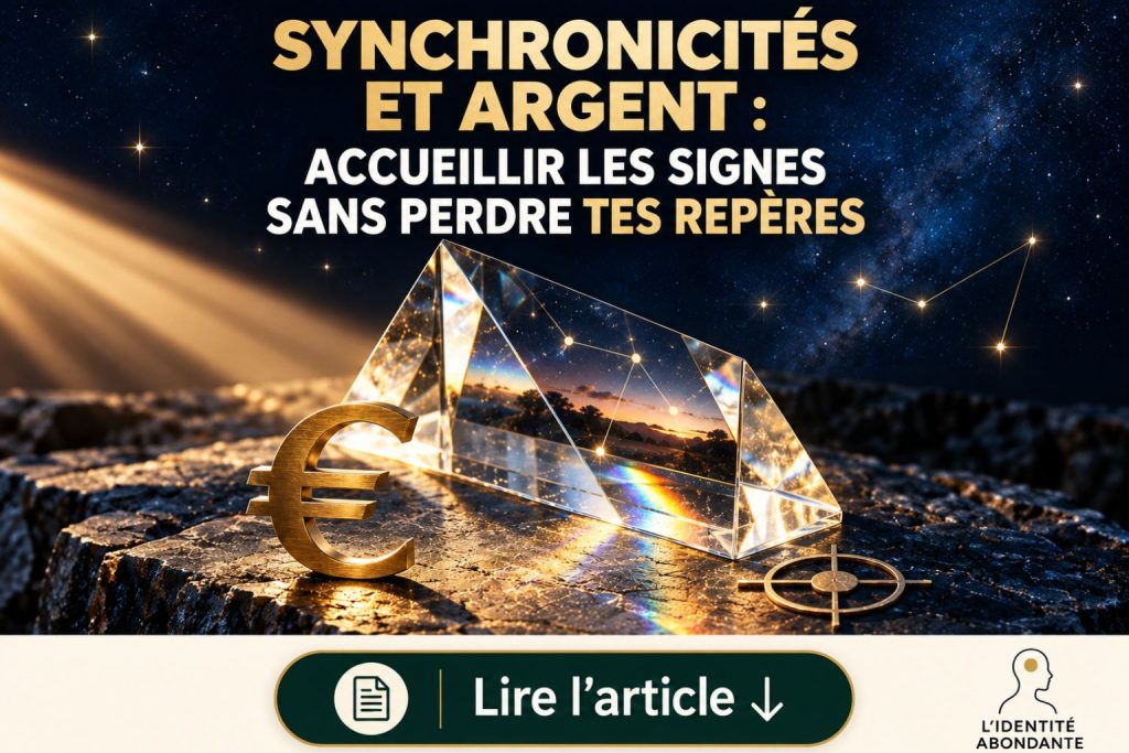 Couverture « Synchronicités et argent : accueillir les signes sans perdre tes repères ». Symbole euro doré, prisme de verre lumineux, constellations et ciel étoilé bleu nuit illustrant les signes associés à l’argent et à la manifestation. En bas, bouton vert « Lire l’article » avec flèche descendante et logo L’Identité Abondante.