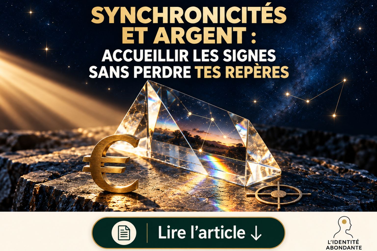 Couverture « Synchronicités et argent : accueillir les signes sans perdre tes repères ». Symbole euro doré, prisme de verre lumineux, constellations et ciel étoilé bleu nuit illustrant les signes associés à l’argent et à la manifestation. En bas, bouton vert « Lire l’article » avec flèche descendante et logo L’Identité Abondante.