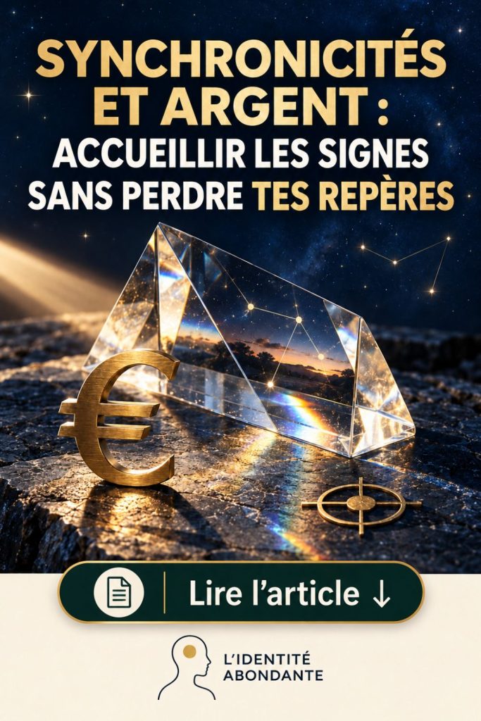 Affiche « Synchronicités et argent : accueillir les signes sans perdre tes repères » sur un ciel étoilé bleu nuit. Un prisme de verre lumineux, un symbole euro doré et une boussole illustrent les signes de l’univers, la manifestation de l’argent et le discernement. En bas, un bouton vert indique « Lire l’article ↓ », suivi du logo L’Identité Abondante.